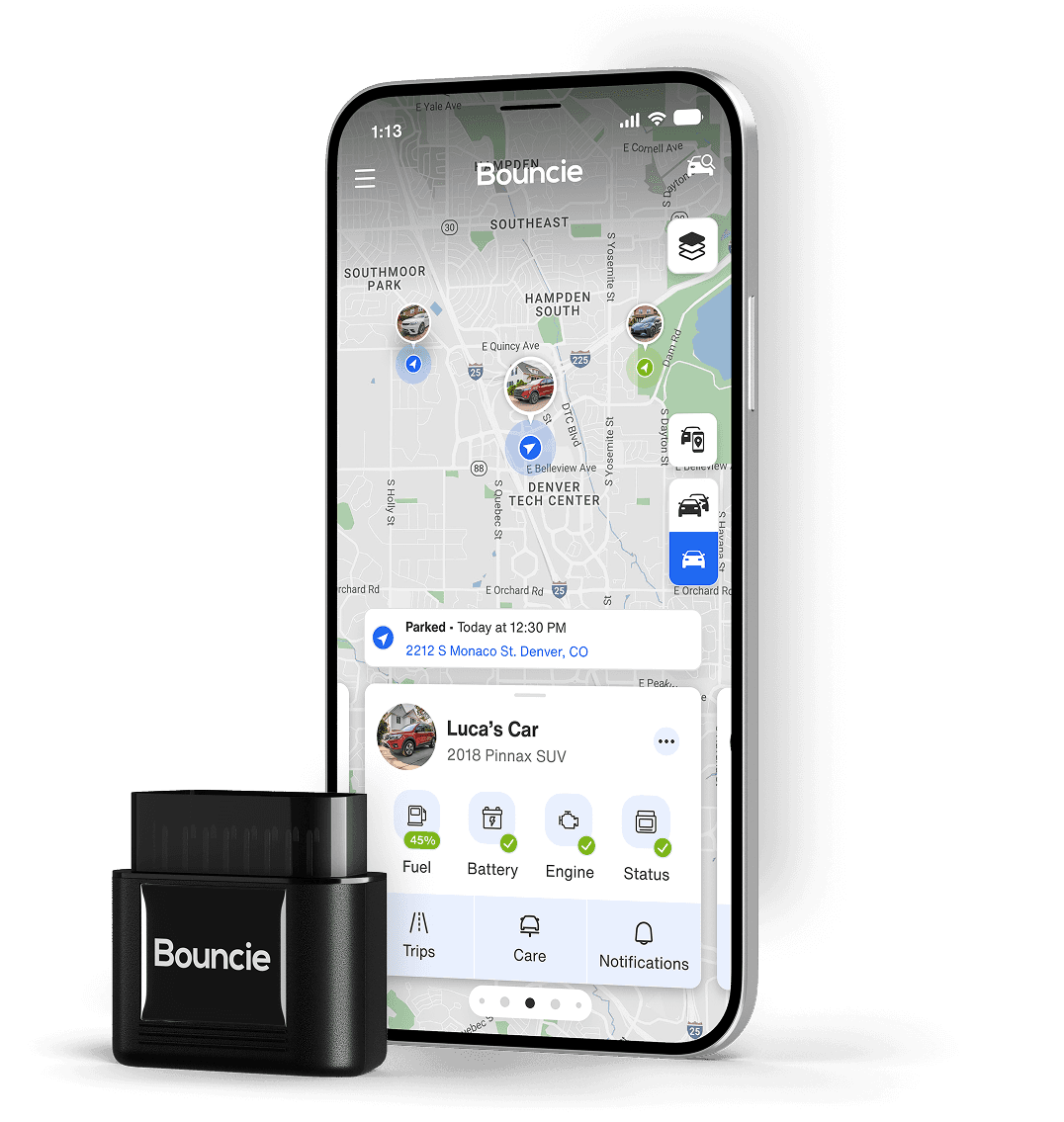 A bouncie device next to a phone showing the Bouncie app, featuring a map and vehicle info