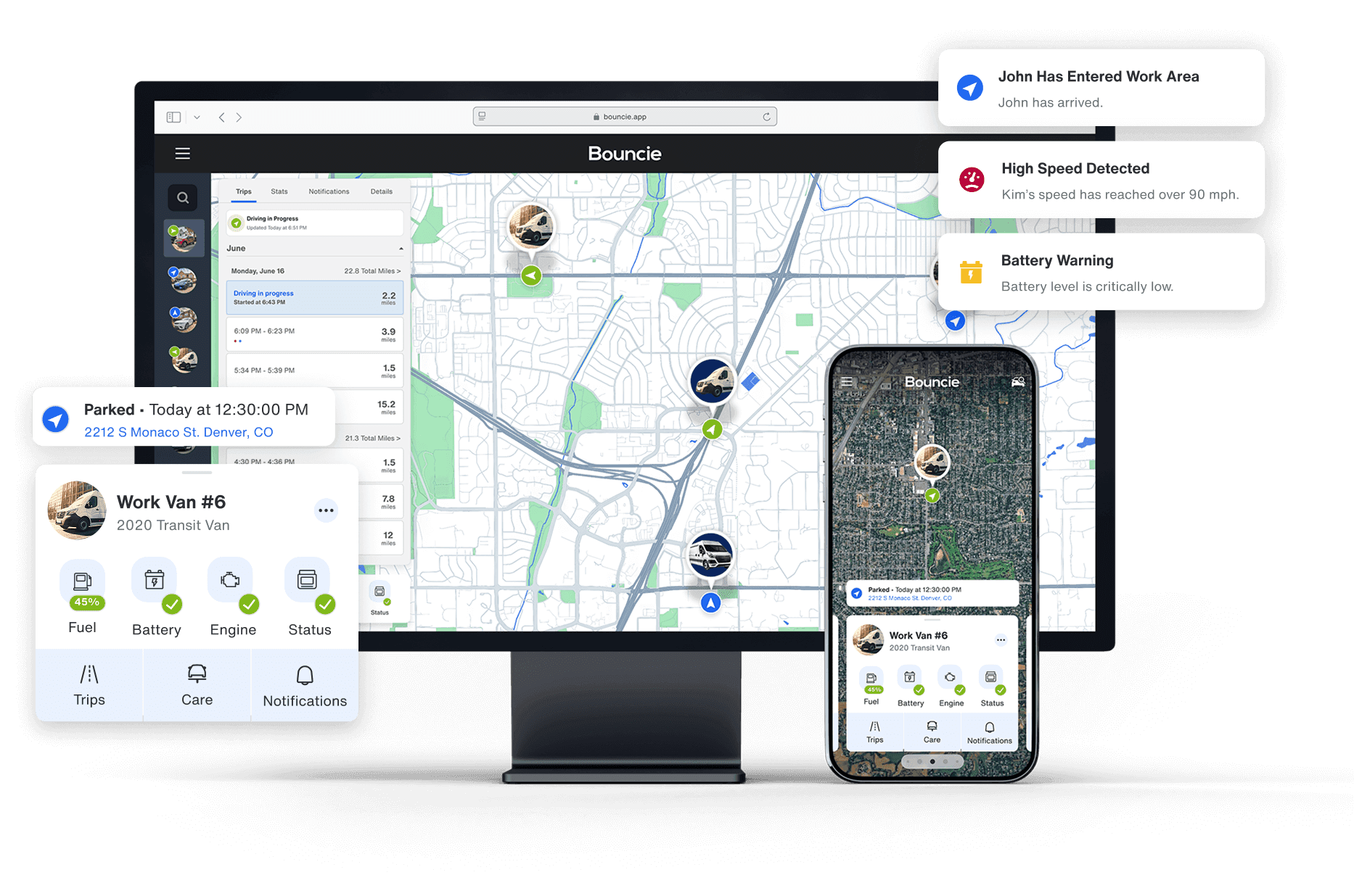 A desktop and mobile phone showing real-time visibility into a fleet