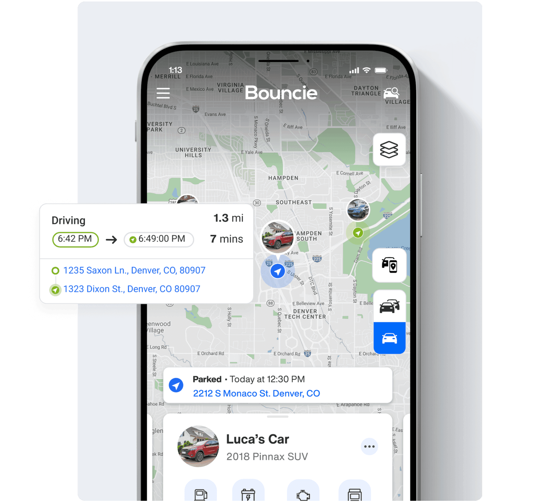Smartphone screen showing a live map with a vehicle's real-time location, driving status, route, and address info.
