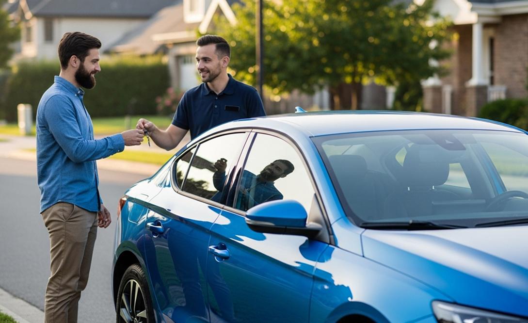 A clean, modern car is parked in a residential curbside. Two men stand next to the vehicle. The renter is being handed keys to the vehicle. 