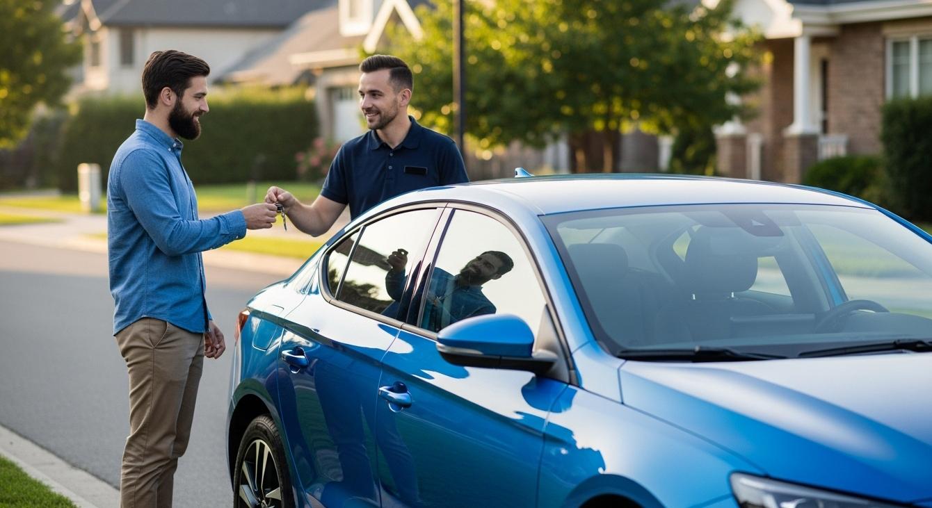 A clean, modern car is parked in a residential curbside. Two men stand next to the vehicle. The renter is being handed keys to the vehicle. 