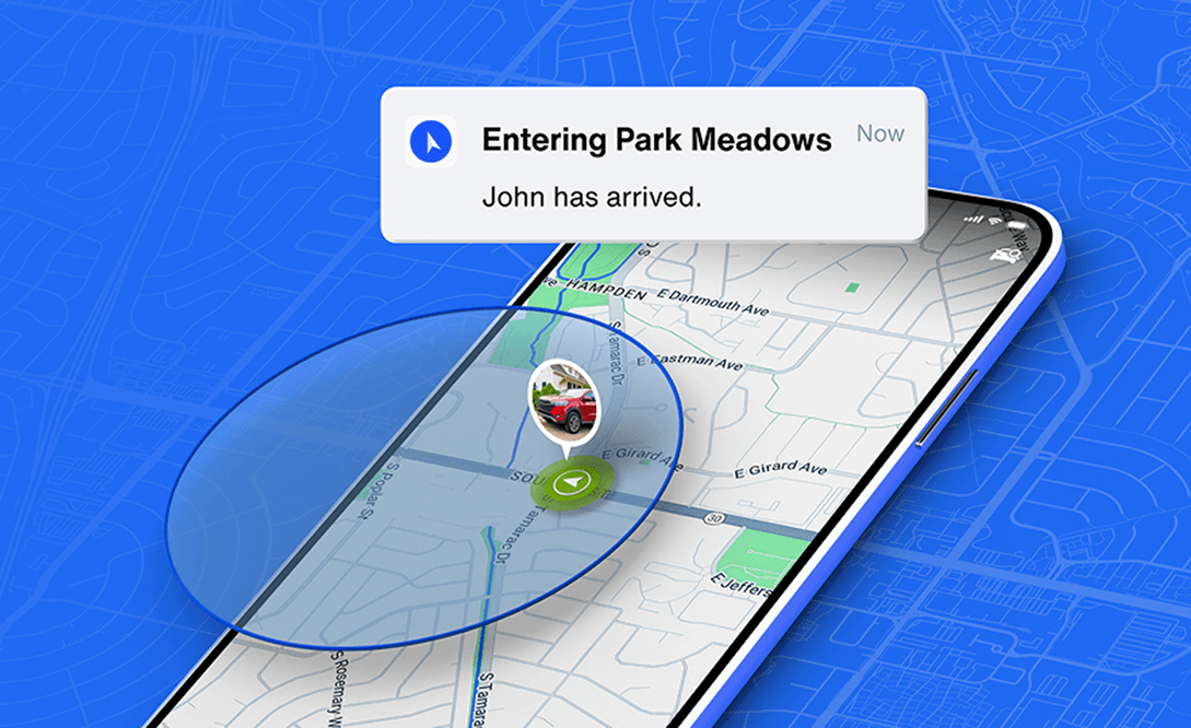 The perspective is a phone laying on a angle and a circular geofenced area is coming out of the phone onto a map behind the phone showing the versatility of Geo-Zones within the Bouncie app.