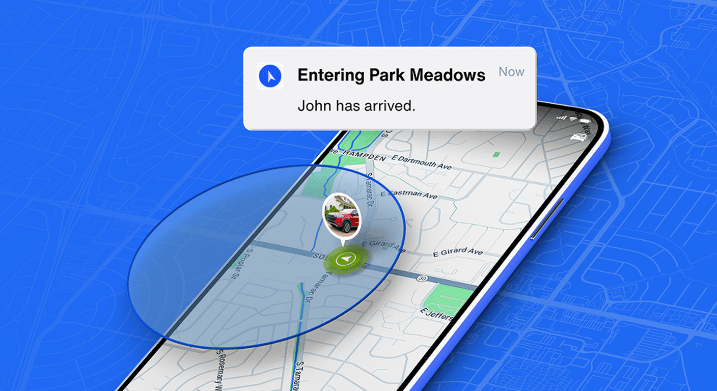 The perspective is a phone laying on a angle and a circular geofenced area is coming out of the phone onto a map behind the phone showing the versatility of Geo-Zones within the Bouncie app.