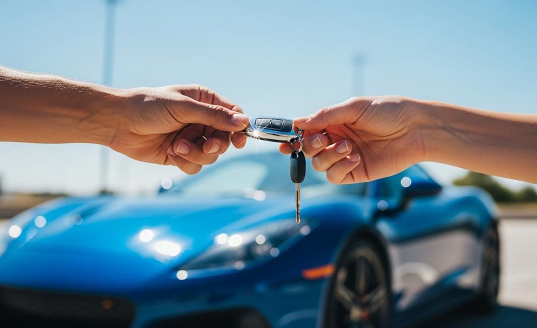 Two people exchanging a car key in front of a shiny blue sports car in a parking lot under a clear blue sky, symbolizing a vehicle handoff or car-sharing transaction.