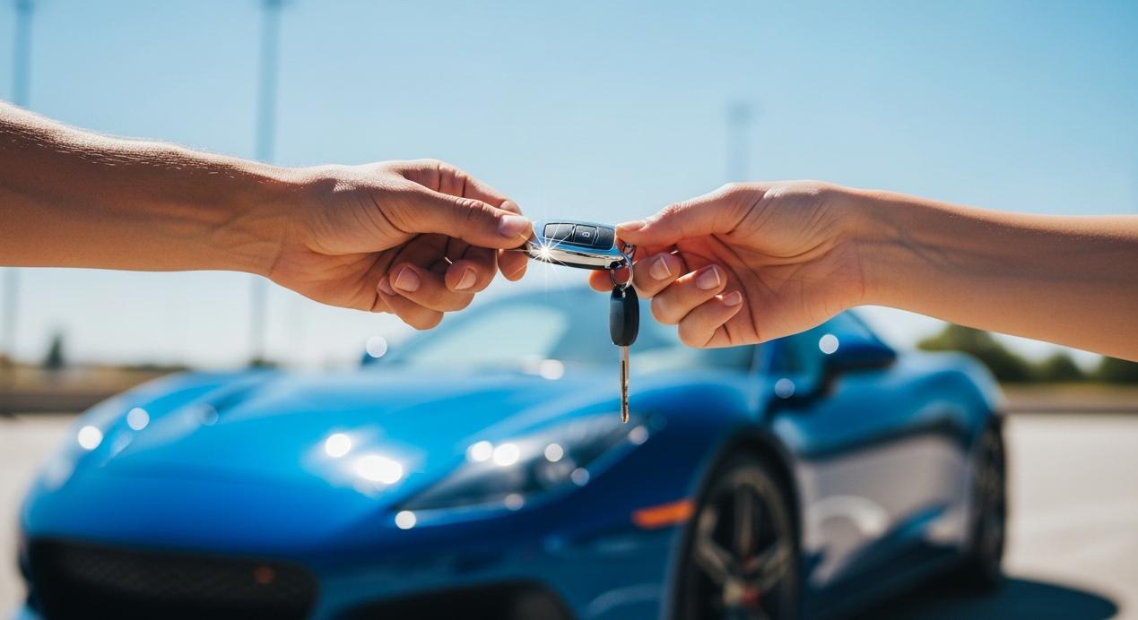 Two people exchanging a car key in front of a shiny blue sports car in a parking lot under a clear blue sky, symbolizing a vehicle handoff or car-sharing transaction.