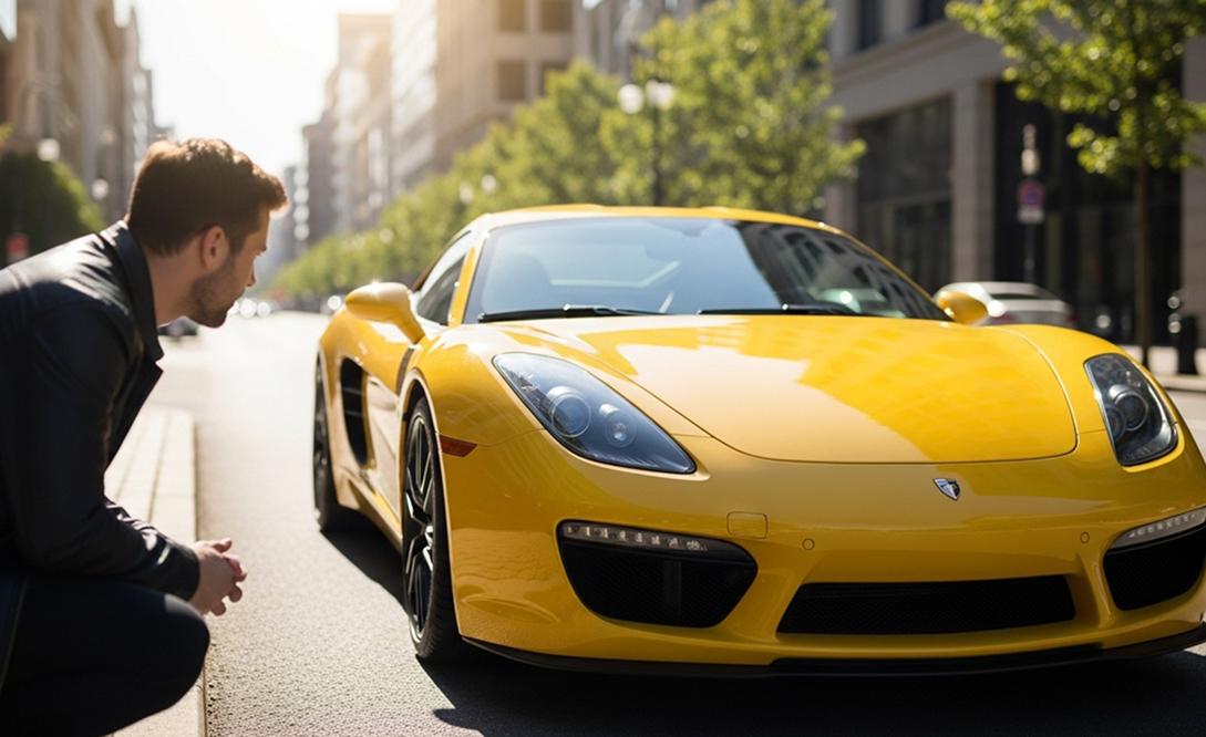 Man crouching on a city street looking at a yellow sports car