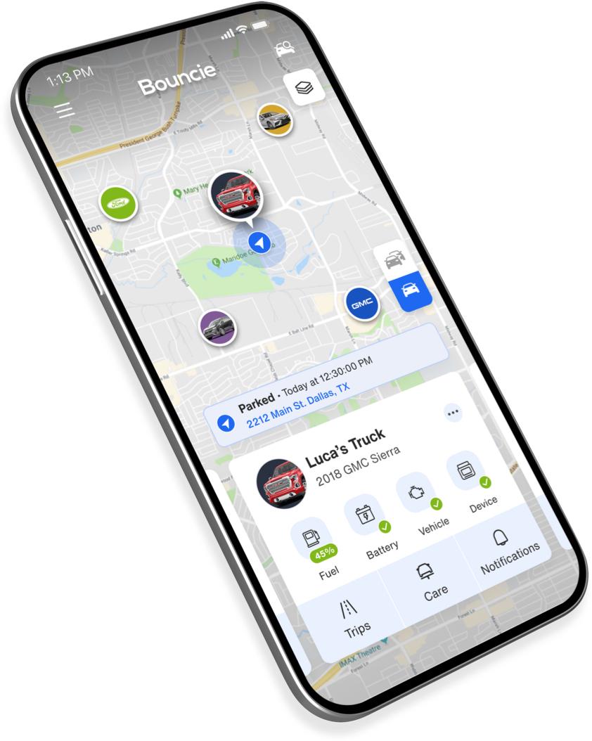 Bouncie app screenshot of car’s current location on map feature.