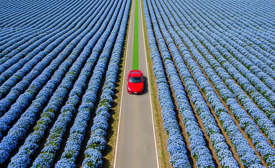 Red car driving down a road between fields of purple flowers