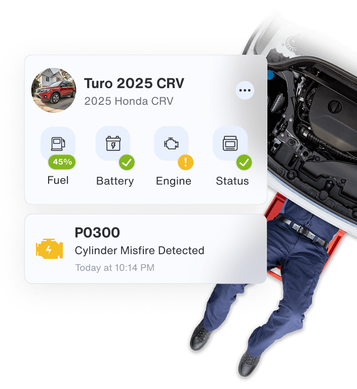 An image of a mechanic working under a car, behind vehicle status showing the status of fuel level, battery level, and engine health